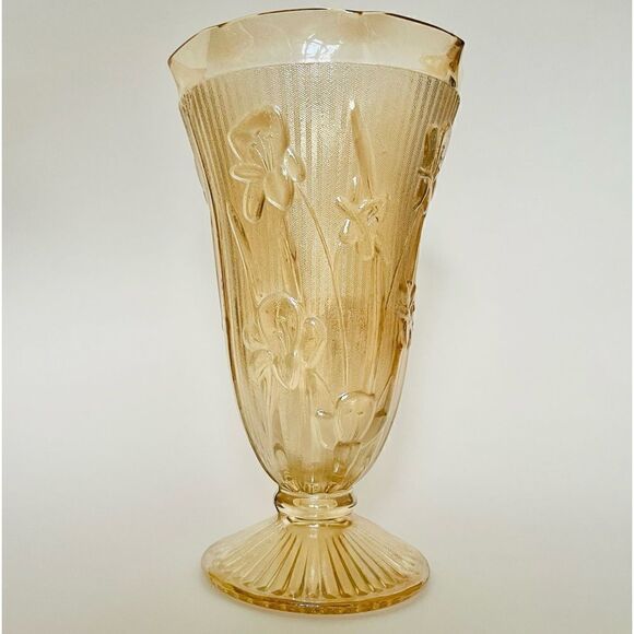 Vintage Jeanette Glass Iris Iridescence Herringbone Carnival Flower 9” Vase - Picture 5 of 16